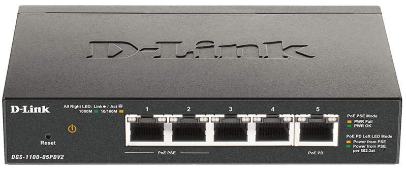 D-Link EasySmart L2 Switch 41000Base-T (2x1000Base-T PoE), 1x1000Base-T PD PoE, PoE Budget 18W, PD PoE power only