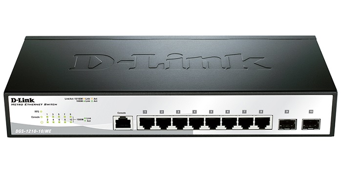 D-Link Managed L2 Metro Ethernet Switch 8x1000Base-T, 2x1000Base-X SFP, Surge 6KV, CLI, RJ45 Console, RPS