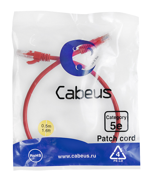 Cabeus PC-UTP-RJ45-Cat.5e-0.5m-RD - U/UTP,  5, 2xRJ45/8p8c, , , PVC, 0.5