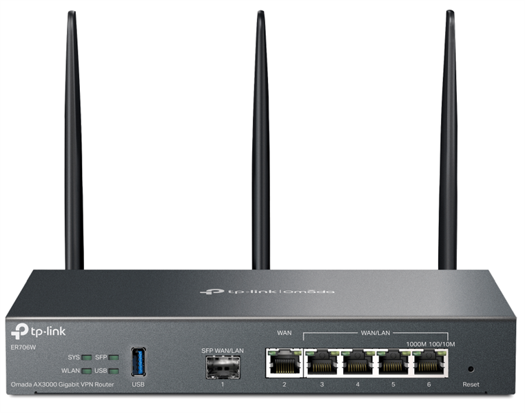 TP-Link ER706W, VPN- Omada      Wi-Fi AX3000, 1 . SFP WAN/LAN, 1 . RJ45 WAN, 4 . RJ45 WAN/LAN, USB 3.0,  574 /  2,4  +  2402 /